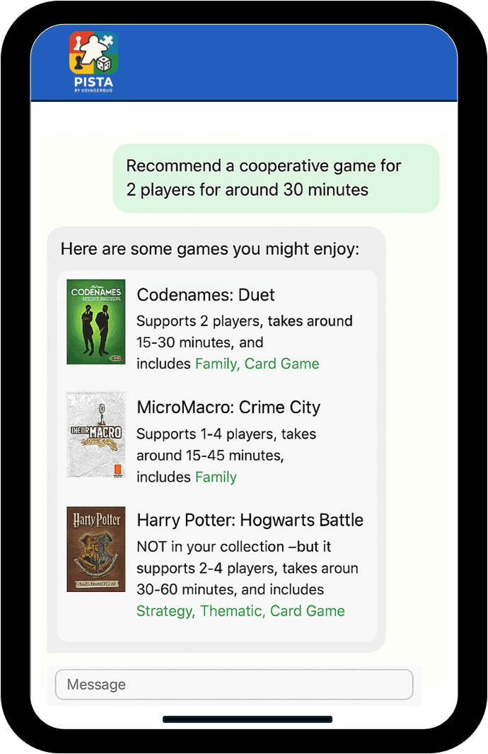 App screen recommending cooperative games for 2 players lasting around 30 minutes.